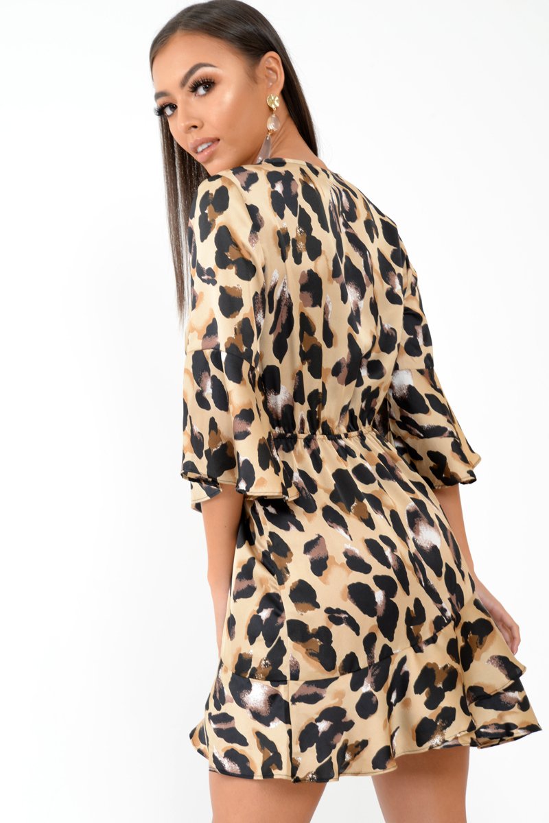 Leopard Frill Tie Waist Mini Dress - Maxtyn-Dresses