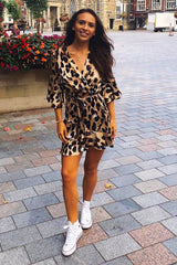Leopard Frill Tie Waist Mini Dress - Maxtyn-Dresses
