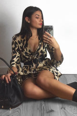 Leopard Frill Tie Waist Mini Dress - Maxtyn-Dresses