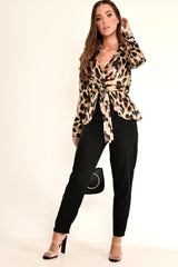 Leopard Knot Front Plunge Shirt - Jurnie-Shirts