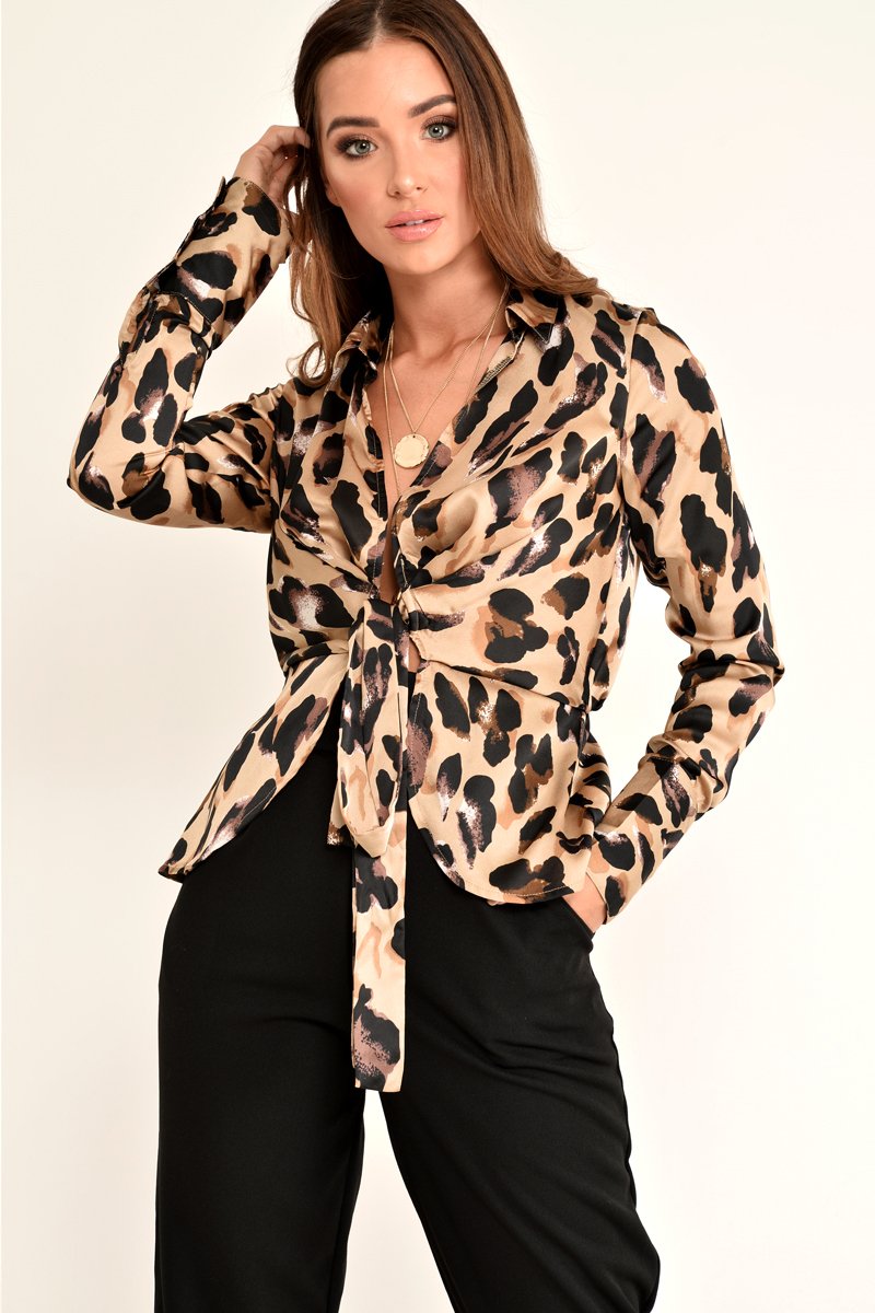 Leopard Knot Front Plunge Shirt - Jurnie-Shirts