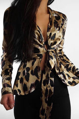 Leopard Knot Front Plunge Shirt - Jurnie-Shirts