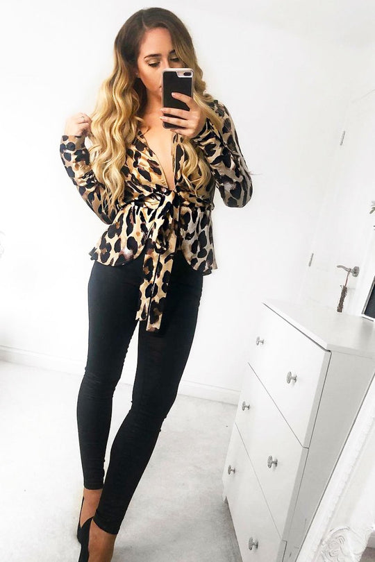 Leopard Knot Front Plunge Shirt - Jurnie
