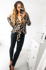 Leopard Knot Front Plunge Shirt - Jurnie-Shirts