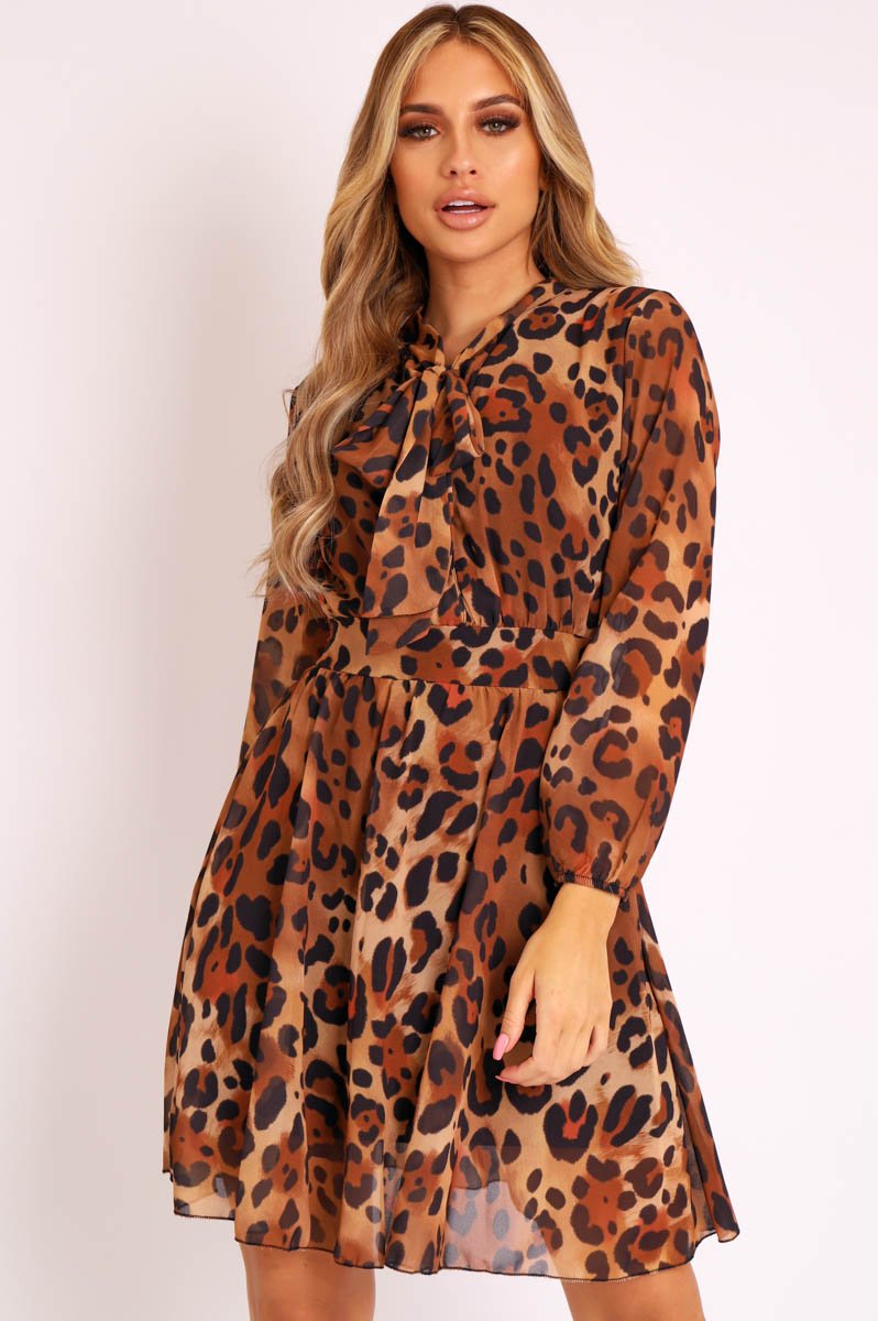 Leopard Neck Tie Smock Dress - Orrie-Dresses