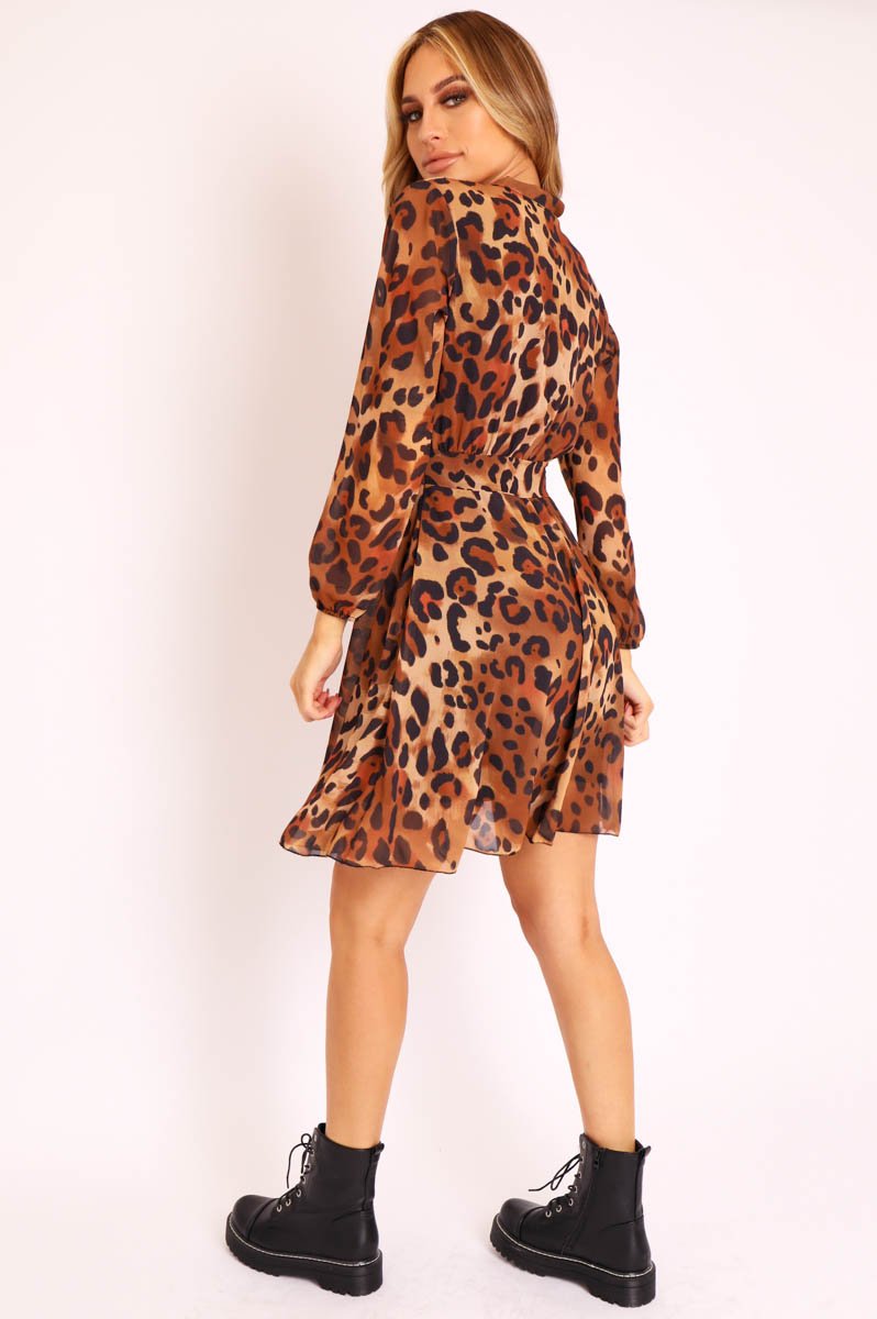 Leopard Neck Tie Smock Dress - Orrie-Dresses