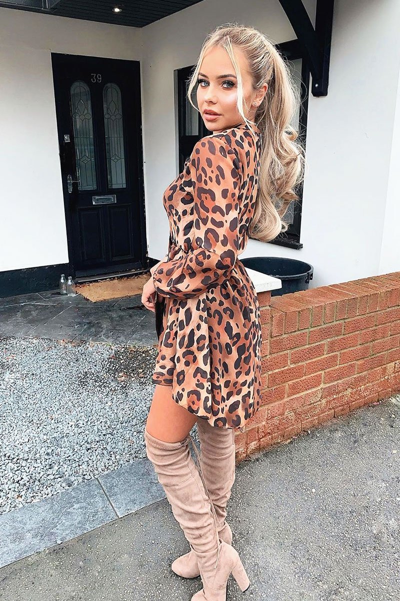 Leopard Neck Tie Smock Dress - Orrie-Dresses