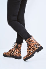 Leopard Patent Lace Up Biker Boots - Tabea-Boots