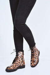 Leopard Patent Lace Up Biker Boots - Tabea-Boots