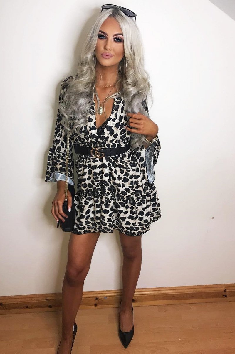 Leopard Plunge Flute Sleeve Shift Dress - Olesya-Dresses