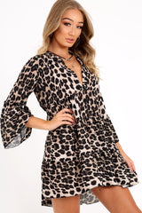 Leopard Plunge Flute Sleeve Shift Dress - Olesya-Dresses