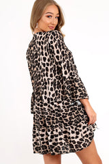 Leopard Plunge Flute Sleeve Shift Dress - Olesya-Dresses
