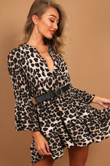 Leopard Plunge Flute Sleeve Shift Dress - Olesya-Dresses