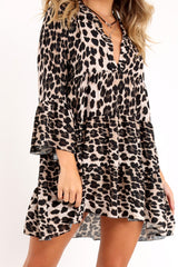 Leopard Plunge Flute Sleeve Shift Dress - Olesya-Dresses