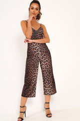 Leopard Plunge Strappy Culotte Jumpsuit - Bostyn-Jumpsuits