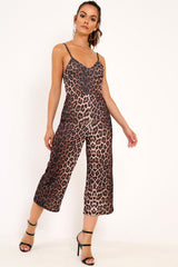 Leopard Plunge Strappy Culotte Jumpsuit - Bostyn-Jumpsuits