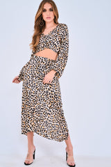 Leopard Print Balloon Sleeve Blouse Midi Skirt Co-Ord - Carmina-Co-ords