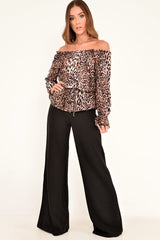 Leopard Print Bardot Drawstring Peplum Top - Kloe-Tops