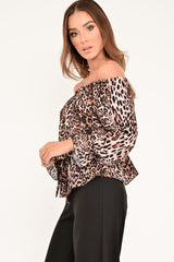 Leopard Print Bardot Drawstring Peplum Top - Kloe-Tops