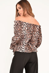 Leopard Print Bardot Drawstring Peplum Top - Kloe-Tops