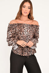 Leopard Print Bardot Drawstring Peplum Top - Kloe-Tops