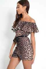 Leopard Print Bardot Frill Playsuit - Wrenley-Playsuits