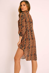 Leopard Print Button Up Sleeve Shirt Dress - Zoey-Dresses