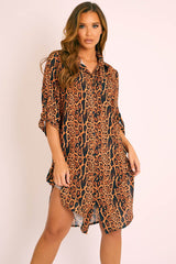 Leopard Print Button Up Sleeve Shirt Dress - Zoey-Dresses