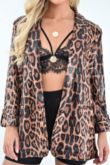 Leopard Print Coated Longline Blazer - Avilyn-Jackets