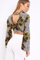Leopard Print Crop Top with Flare Sleeves - Wanda-Tops