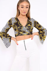 Leopard Print Crop Top with Flare Sleeves - Wanda-Tops