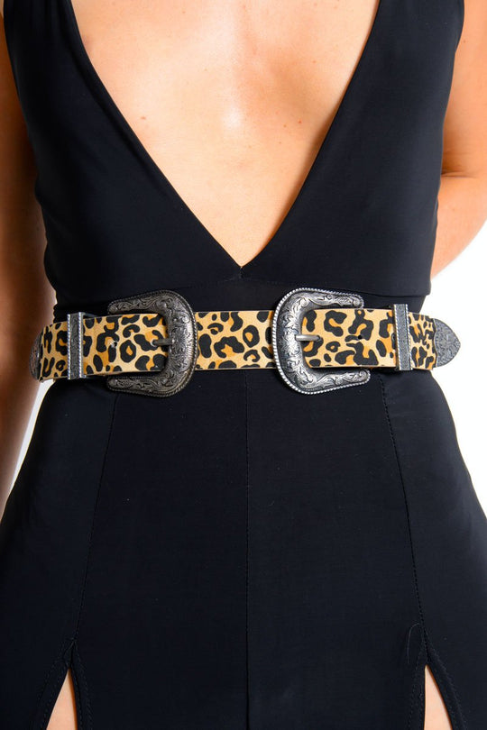 Leopard Print Double Buckle Western Belt - Oakland