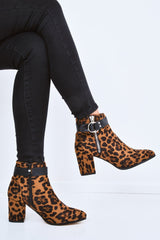 Leopard Print Faux Suede Block Heel Boots - Layney-Shoes