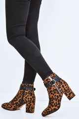 Leopard Print Faux Suede Block Heel Boots - Layney-Shoes