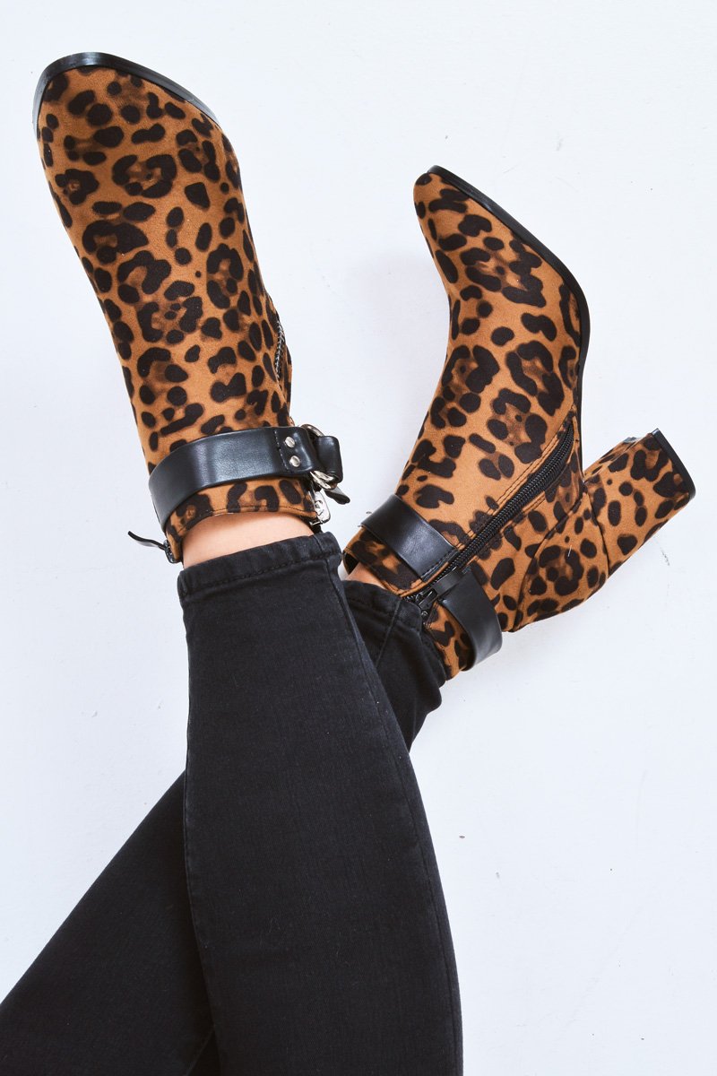 Leopard Print Faux Suede Block Heel Boots - Layney-Shoes