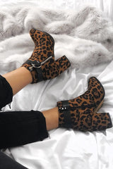 Leopard Print Faux Suede Block Heel Boots - Layney-Shoes