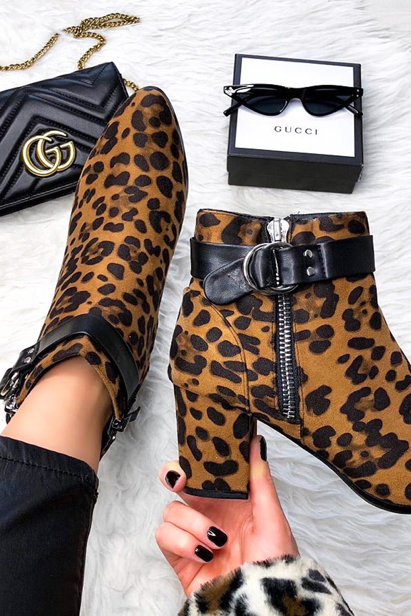 Leopard Print Faux Suede Block Heel Boots - Layney-Shoes