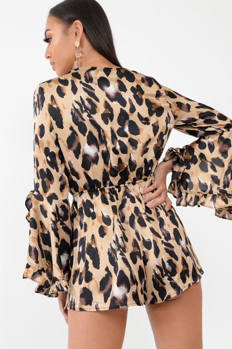Leopard Print Flared Sleeve Tie Up Playsuit - Deyli-Playsuits