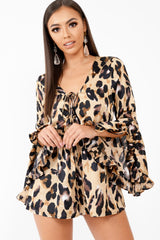 Leopard Print Flared Sleeve Tie Up Playsuit - Deyli-Playsuits