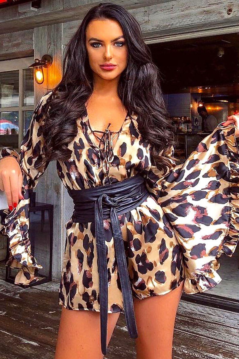 Leopard Print Flared Sleeve Tie Up Playsuit - Deyli-Playsuits