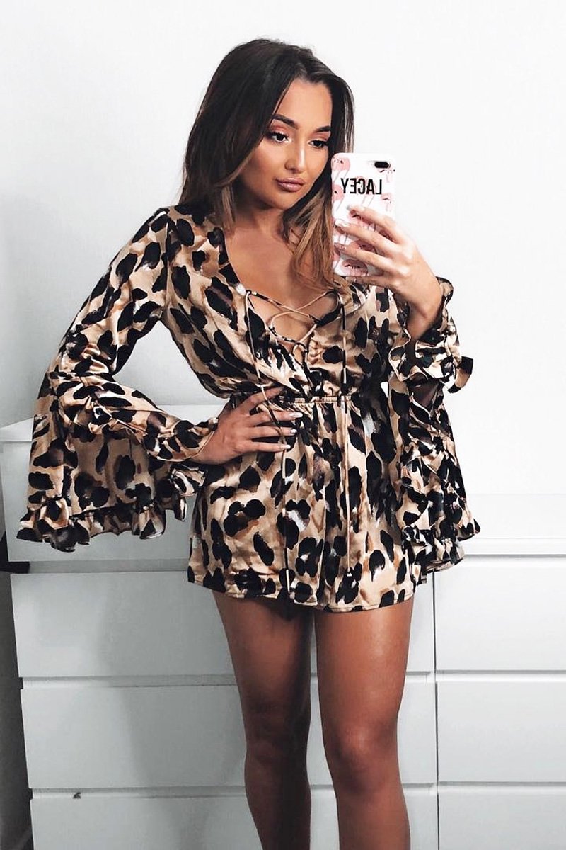 Leopard Print Flared Sleeve Tie Up Playsuit - Deyli-Playsuits