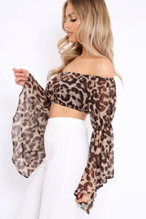 Leopard Print Flared Sleeves Sheer Crop Top - Jordan-Crop Tops