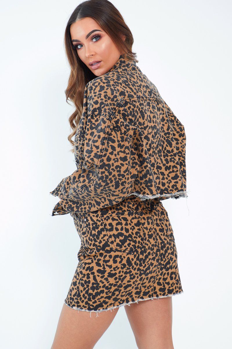 Leopard Print Fray Hem Denim Skirt - Harmoni-Skirts