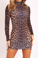 Leopard Print High Neck Mini Bodycon Dress - Alania-Dresses