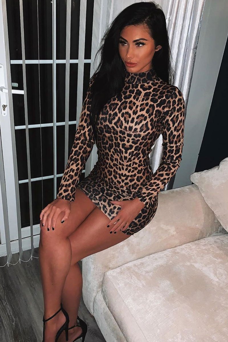 Leopard Print High Neck Mini Bodycon Dress - Alania-Dresses