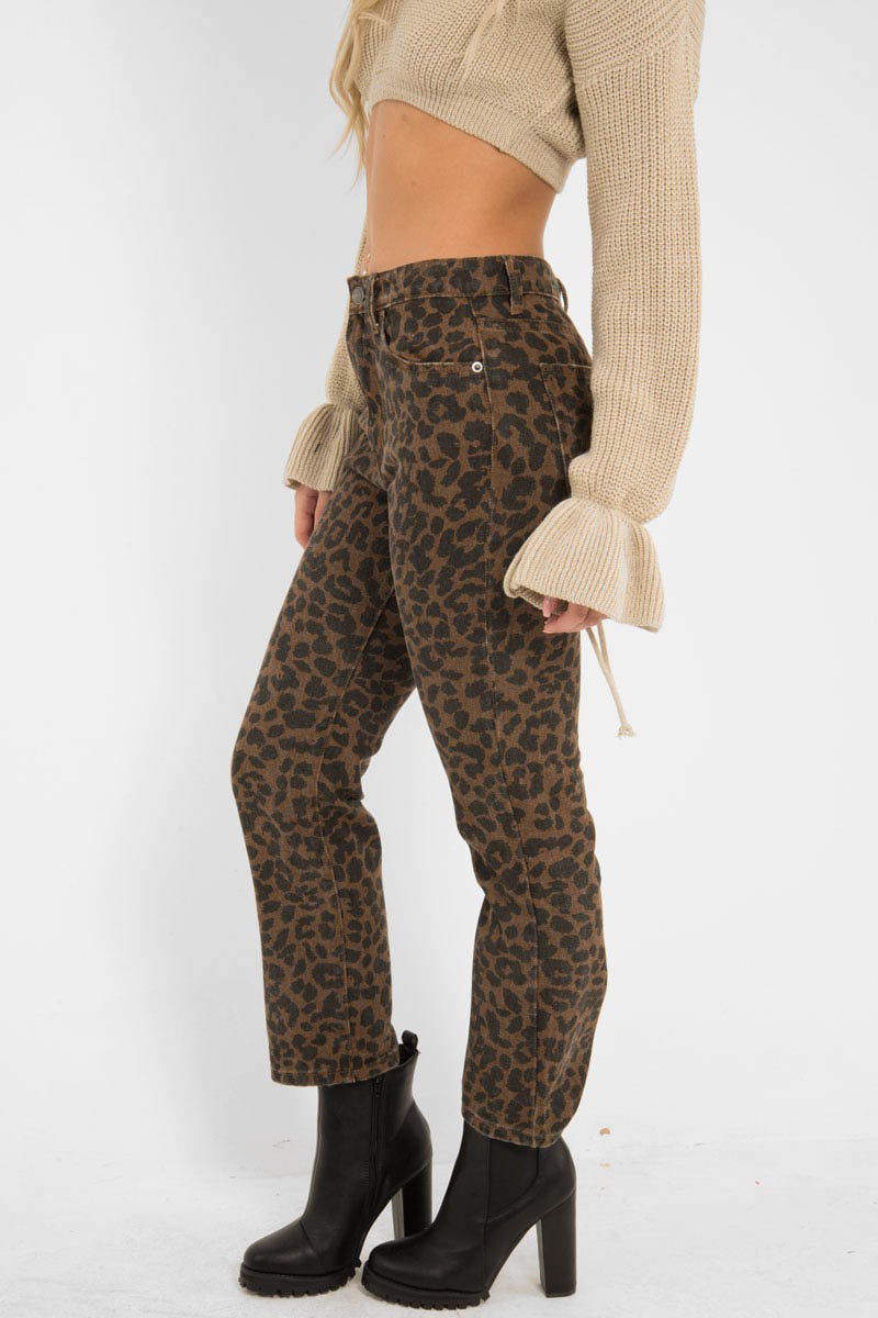 Leopard Print High Waist Denim Jeans - Lorine-Jeans