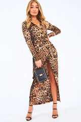 Leopard Print Plunge Wrap Front Maxi Dress - Beni-Dresses