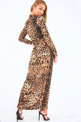 Leopard Print Plunge Wrap Front Maxi Dress - Beni-Dresses