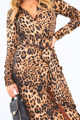 Leopard Print Plunge Wrap Front Maxi Dress - Beni-Dresses