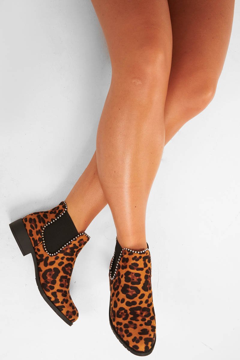 Leopard Print Stud Trim Chelsea Boots - Iness-Boots